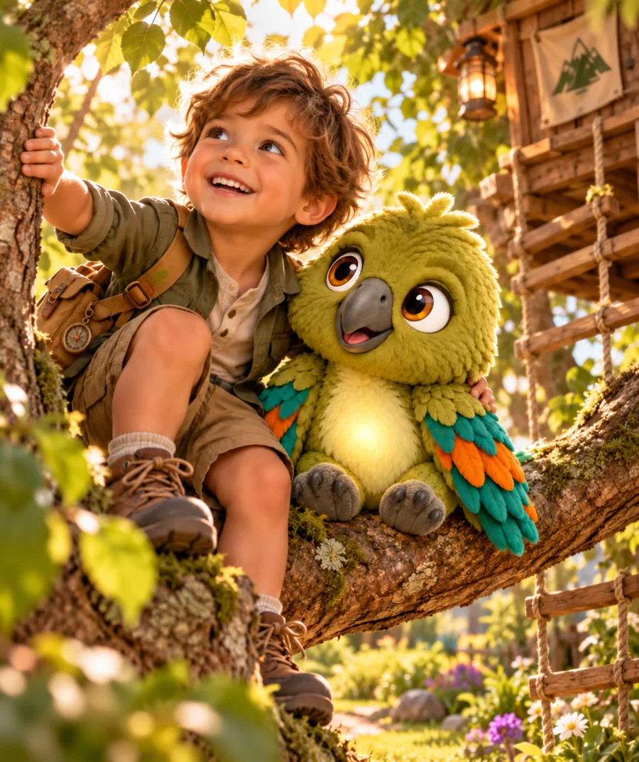 A boy and Apera the Kea up a tree by a treehouse