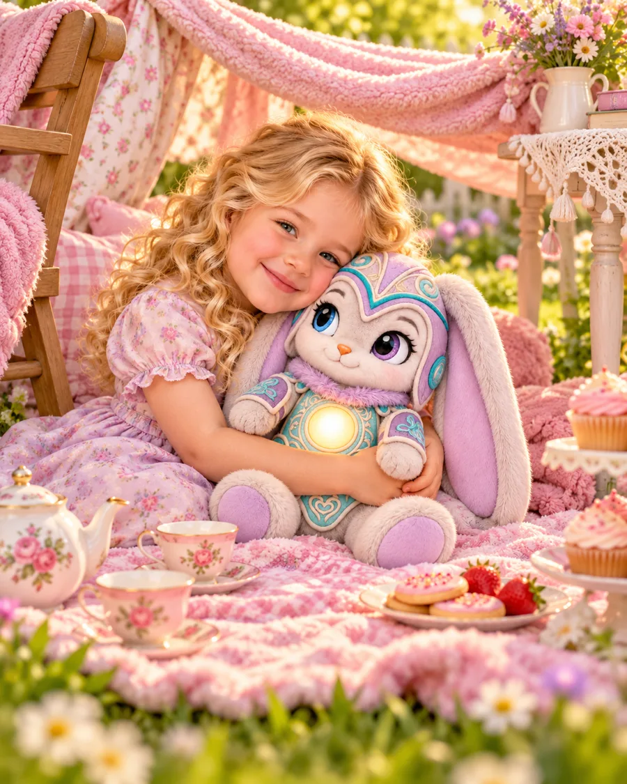 A girl hugging Ziara at a garden tea party under a blanket fort